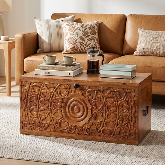 Acacia wood hand carved Chest Coffee Table