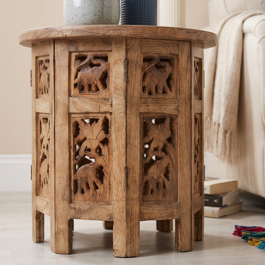 Mango wood Elephant Carved Octagonal Side Table