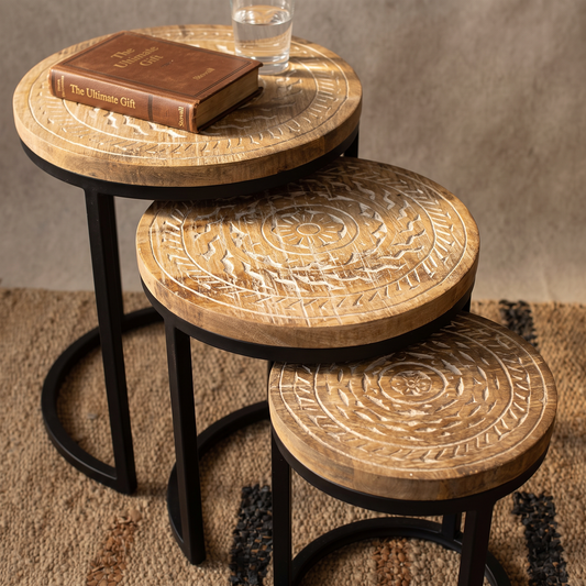 Mango Wood Hand Carved  Set Of 3 Round Nesting Side Table's