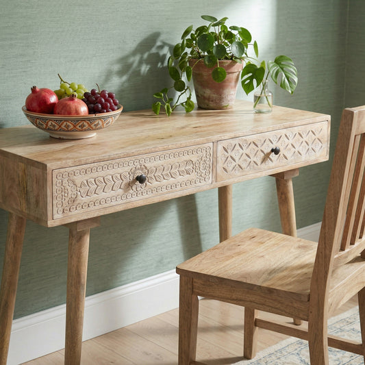 Mango Wood Console, Dresser, Computer Desk  with Carved Drawers