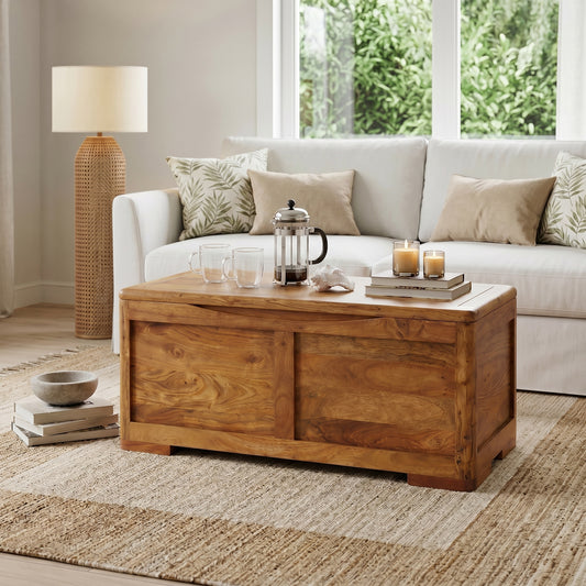 Acacia Wood Storage Chest Coffee Table: Ottoman