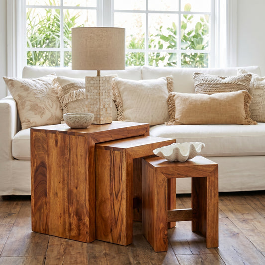 Acacia wood Handmade Cube Nest of Tables