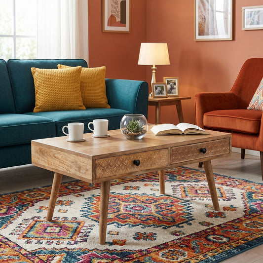 Mango Wood Coffee Table With Hand Carved drawers