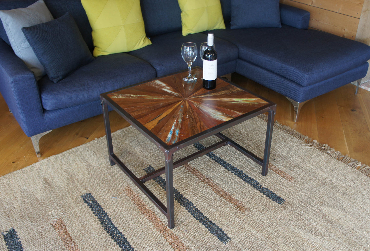 Recycled Teak Coffee Table: Distressed Wood Parquet, Iron Frame