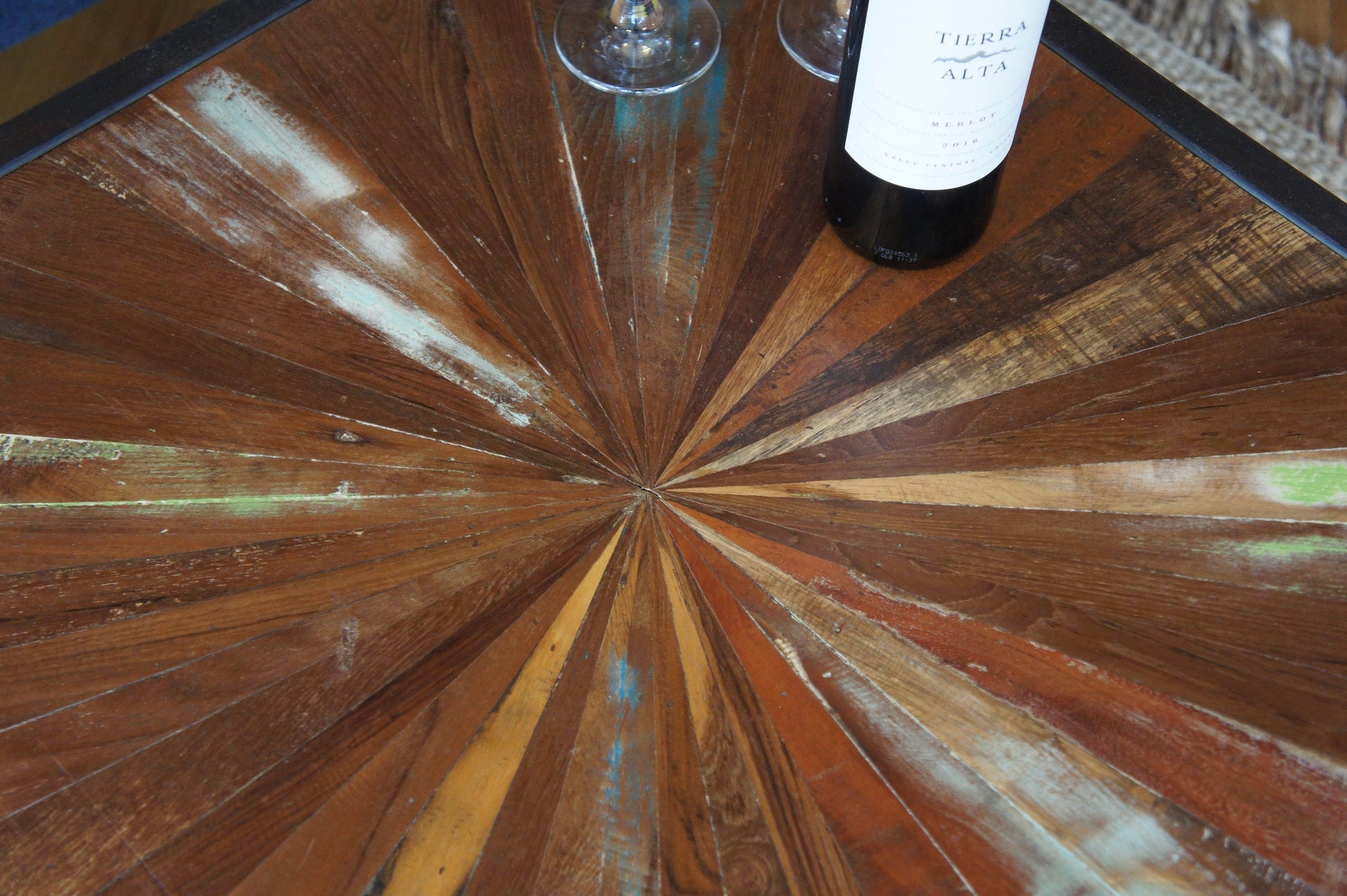 Recycled Teak Coffee Table: Distressed Wood Parquet, Iron Frame