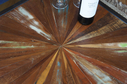 Recycled Teak Coffee Table: Distressed Wood Parquet, Iron Frame