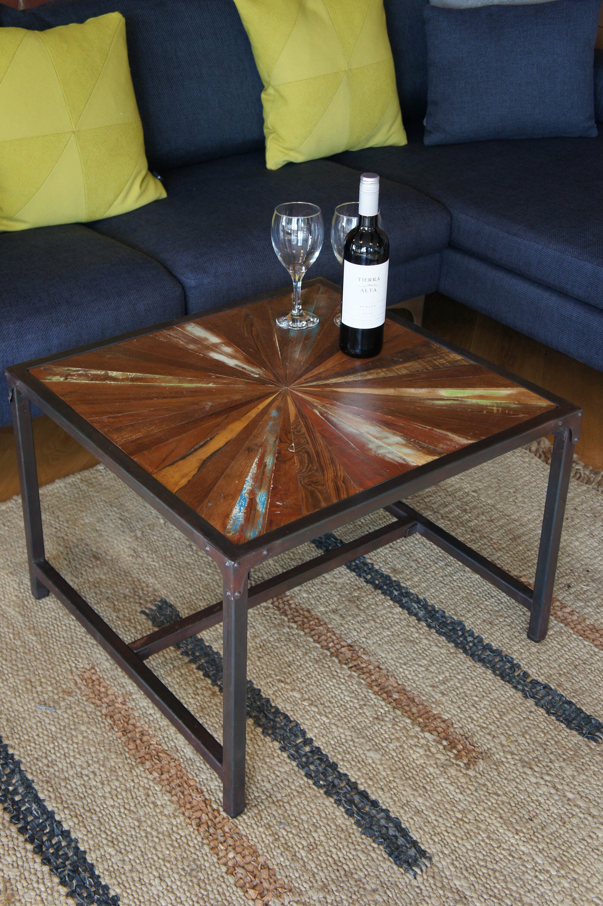 Recycled Teak Coffee Table: Distressed Wood Parquet, Iron Frame