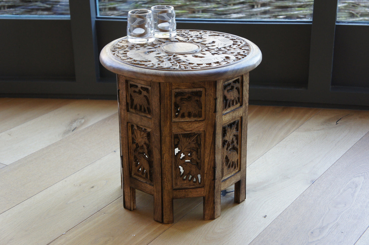 Mangowood Elephant Carved Octagonial Side Table