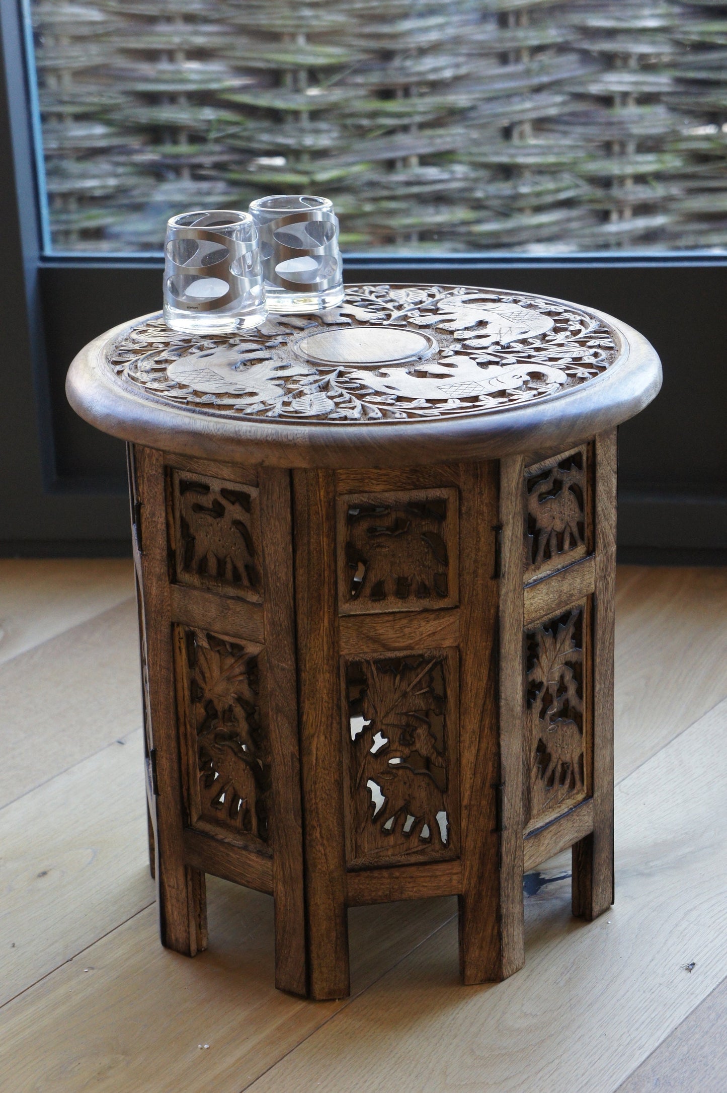 Mangowood Elephant Carved Octagonial Side Table