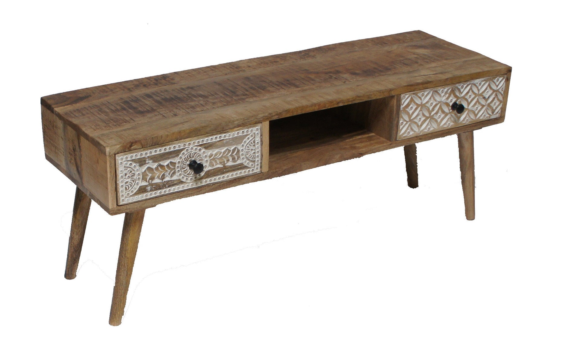 Destressed Mangowood TV Unit with Carved Drawers