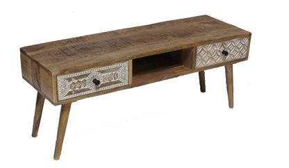Destressed Mangowood TV Unit with Carved Drawers