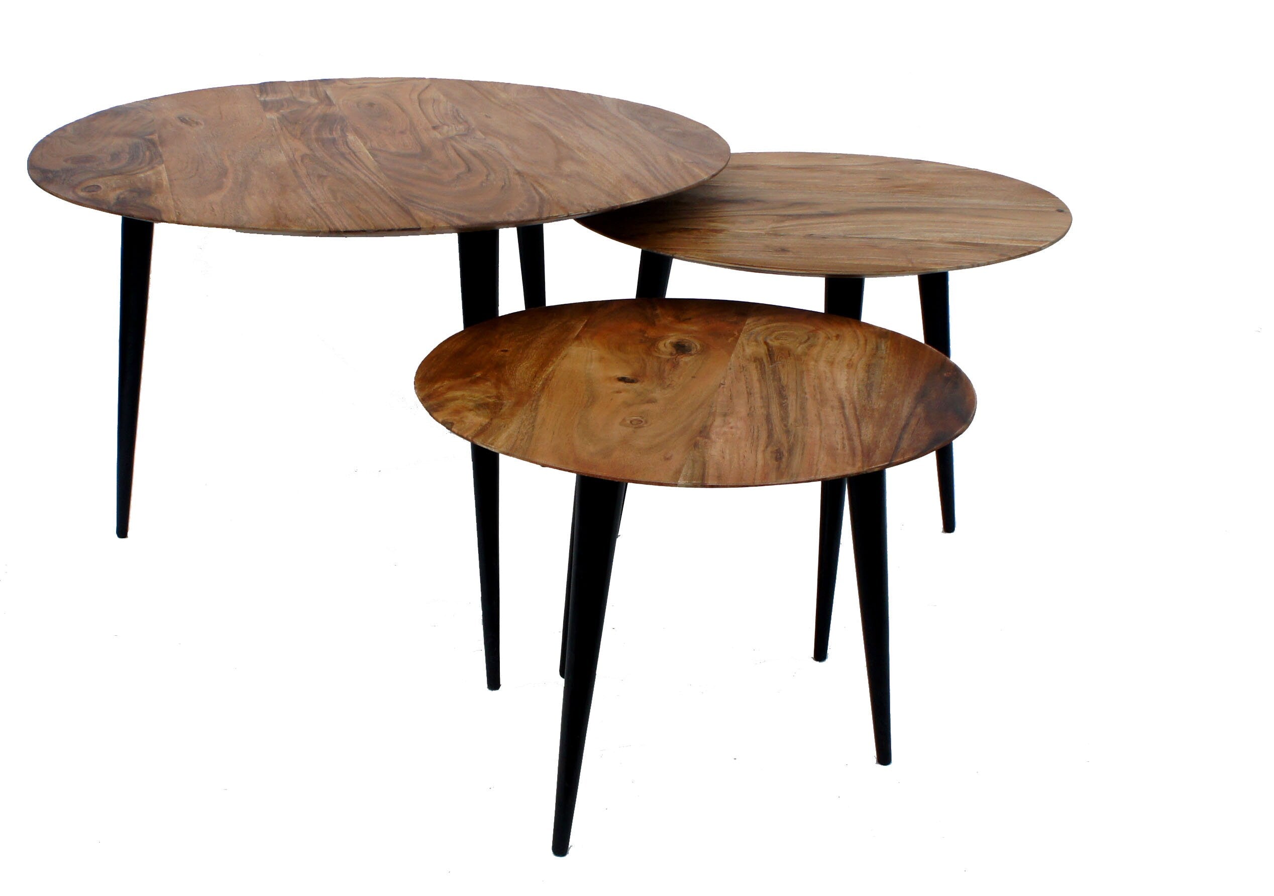 Retro Hardwood Set 3 Nesting Round Tables with Iron Legs