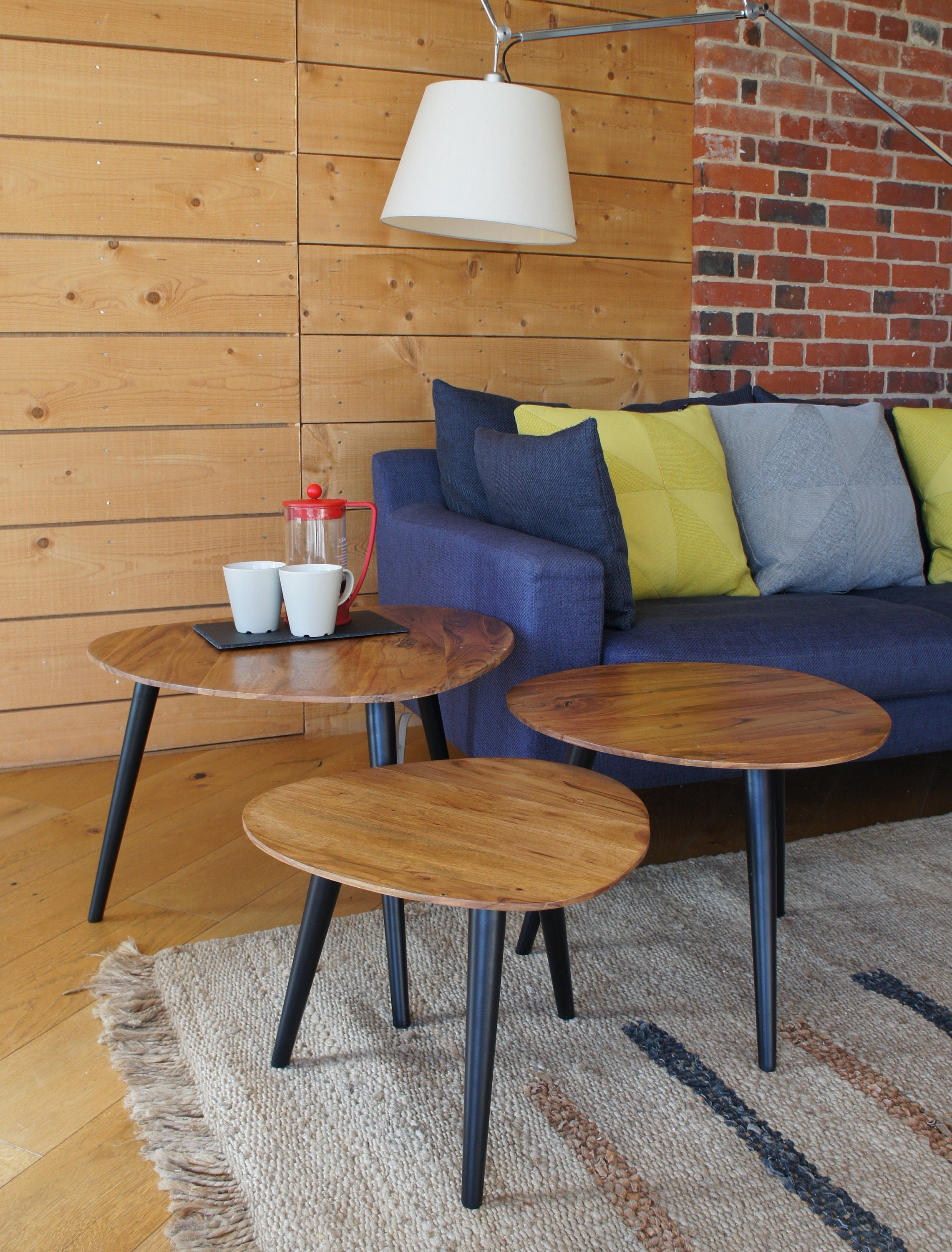 Retro Hardwood Set of 3 Nesting Triangular Tables with Iron Legs