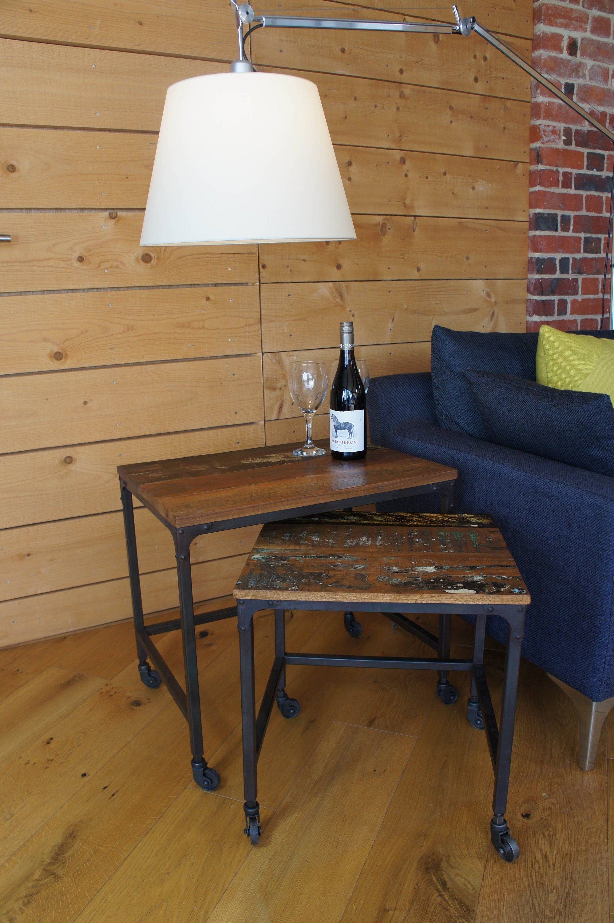 Old Painted Teak Wood Iron 2 Piece Nest of Tables