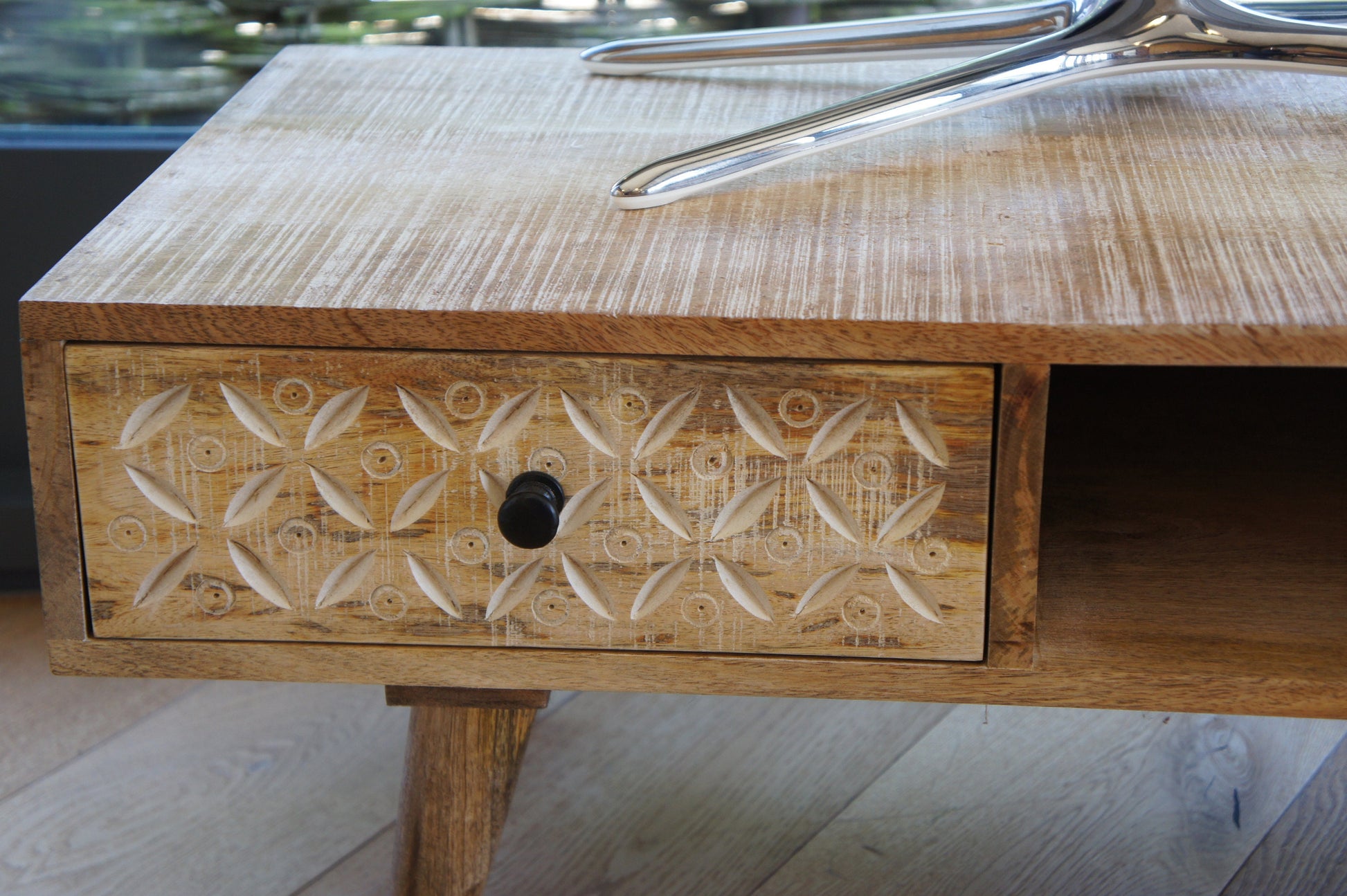 Destressed Mangowood TV Unit with Carved Drawers