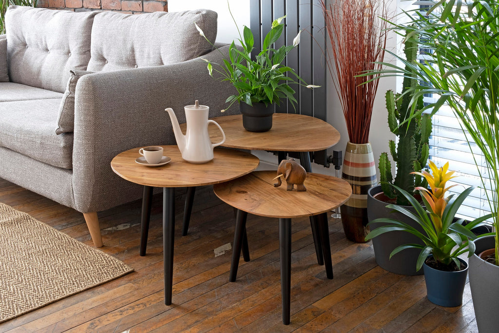 Retro Hardwood Set of 3 Nesting Triangular Tables with Iron Legs