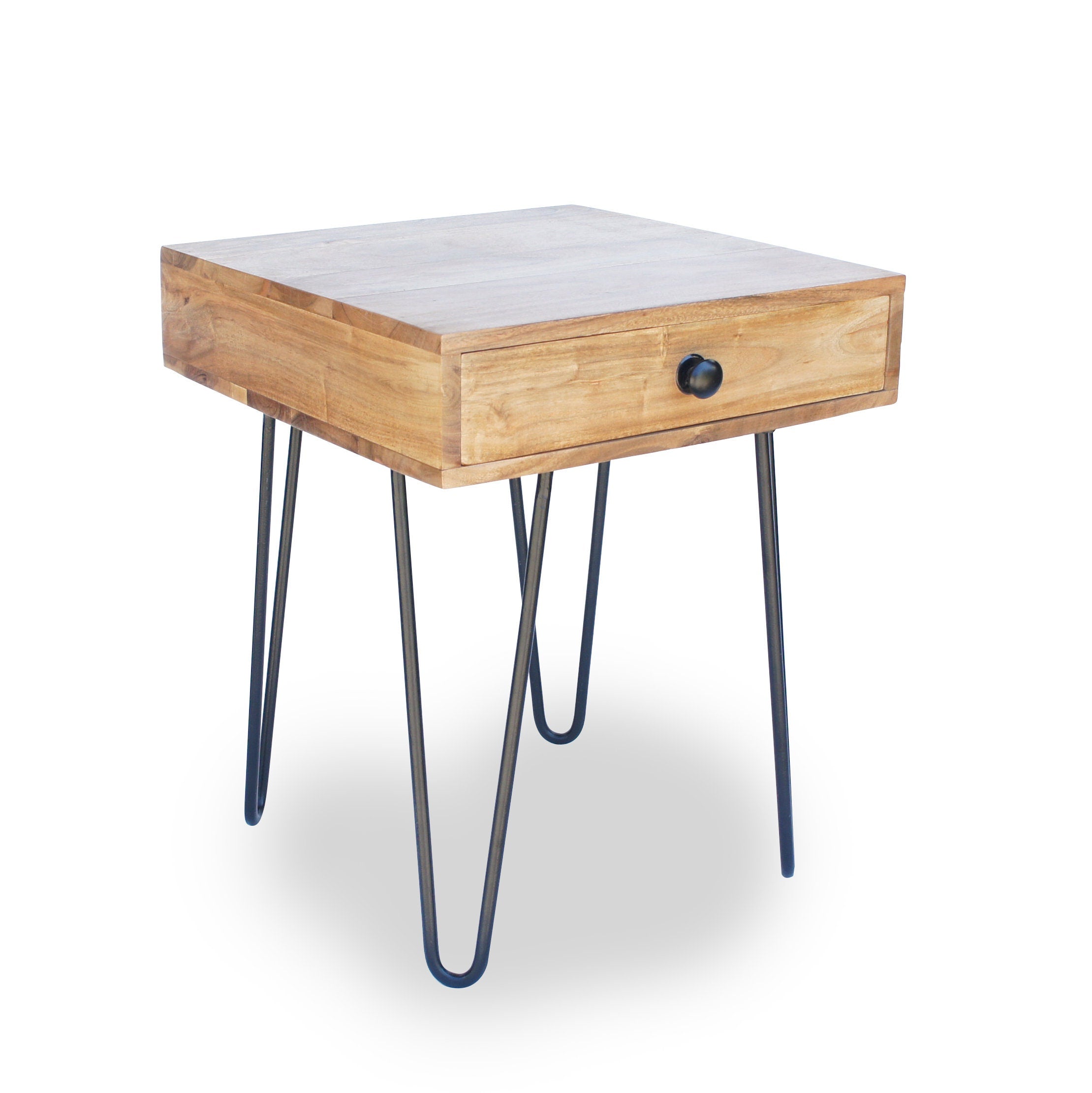 Acacia Wood Hairpin Leg Side Table: Modern End Table with Drawer