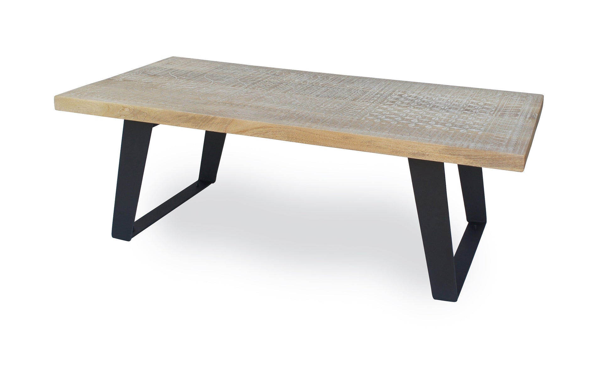Mangowood Coffee Table with Carved Geometric Pattern and Iron Bracket Legs by Naturallivingonline