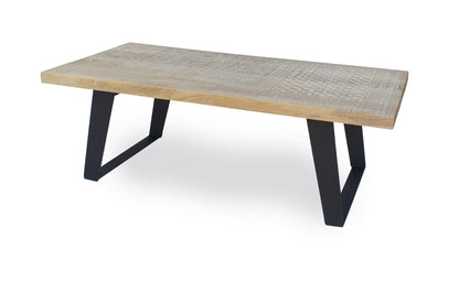 Mangowood Coffee Table with Carved Geometric Pattern and Iron Bracket Legs by Naturallivingonline