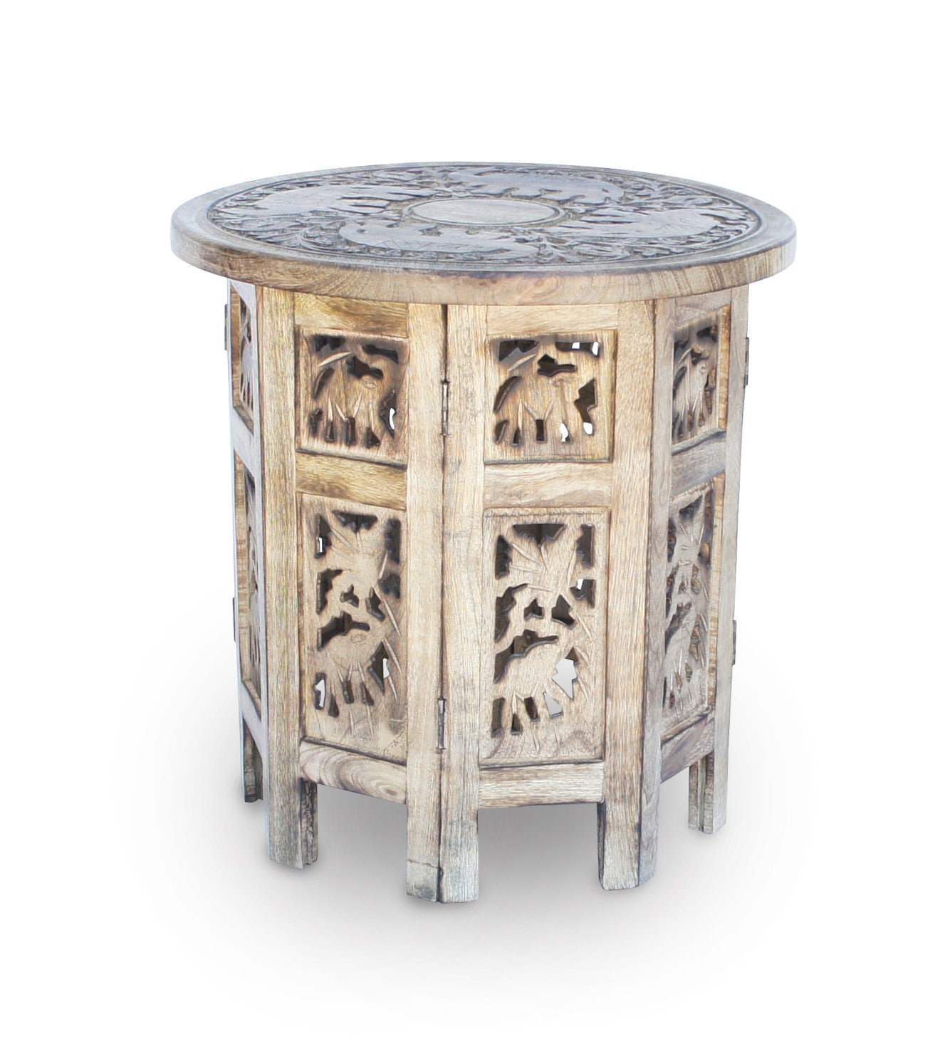 Mangowood Elephant Carved Octagonial Side Table