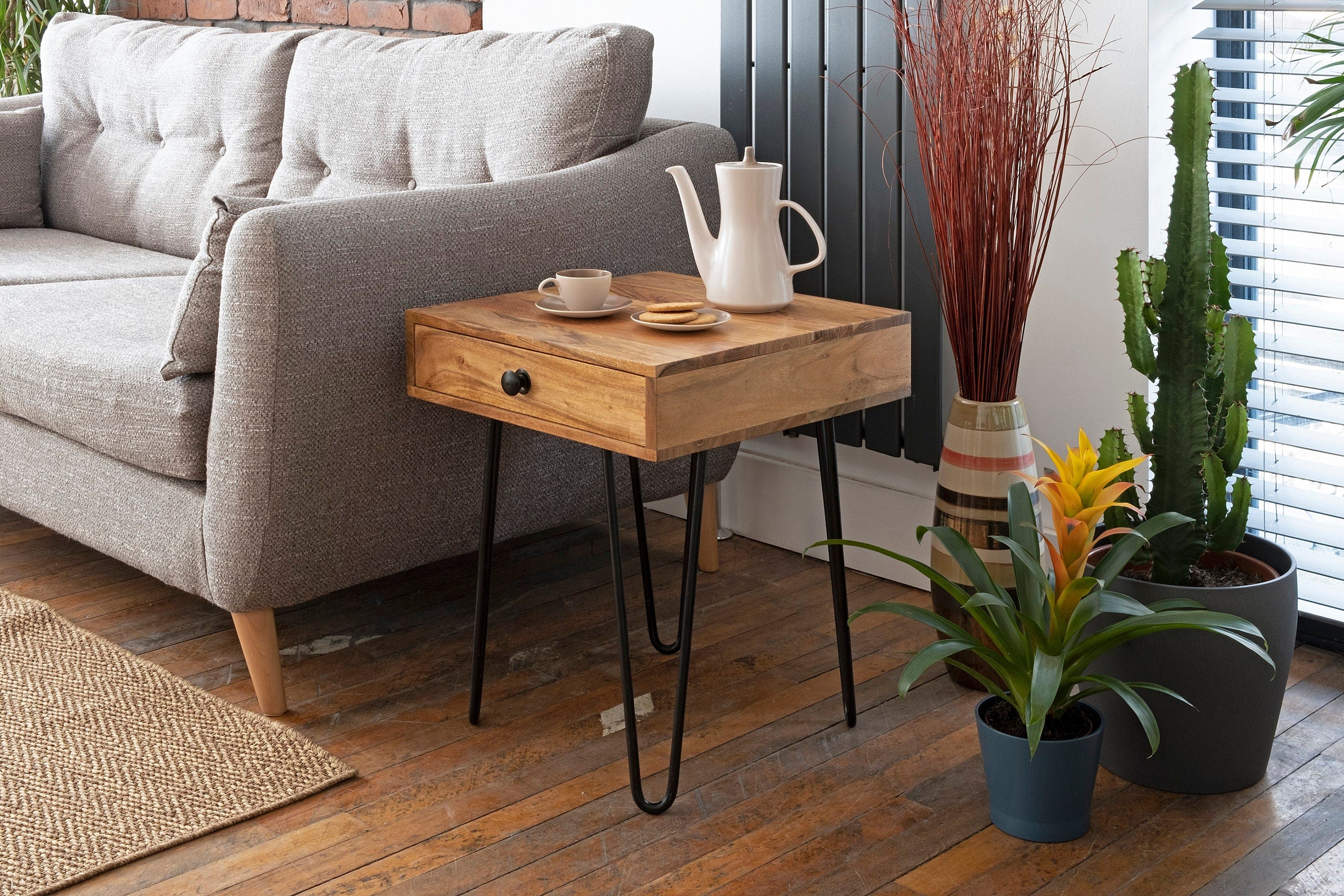 Acacia Wood Hairpin Leg Side Table: Modern End Table with Drawer