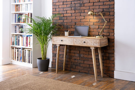Destressed Mangowood Computer Desk with Carved Drawers