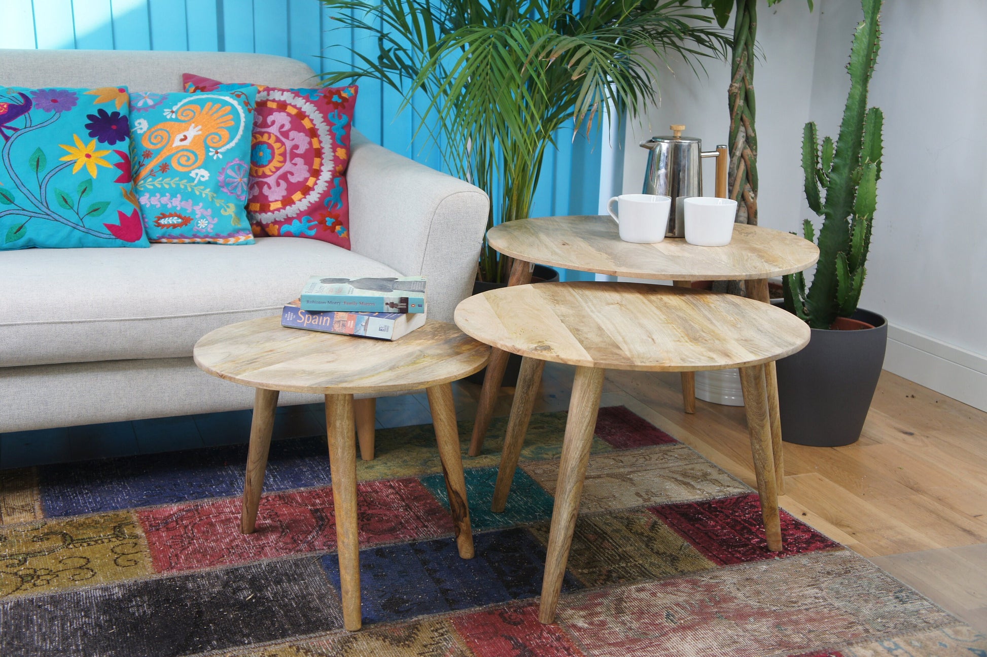 Mango wood set 3 round Side Tables handmade