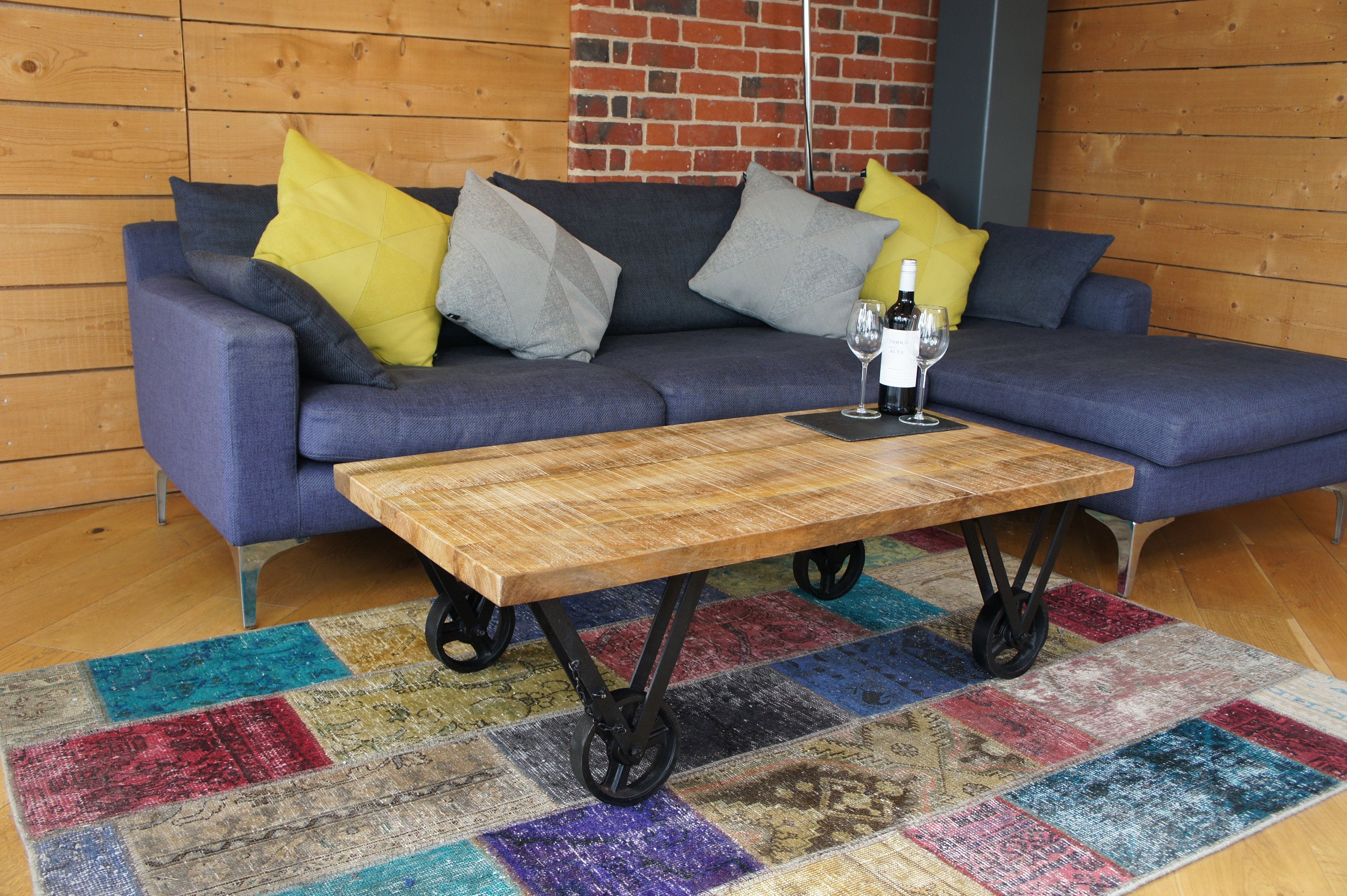 COFFEE TABLE Mango Wood on Iron wheel base