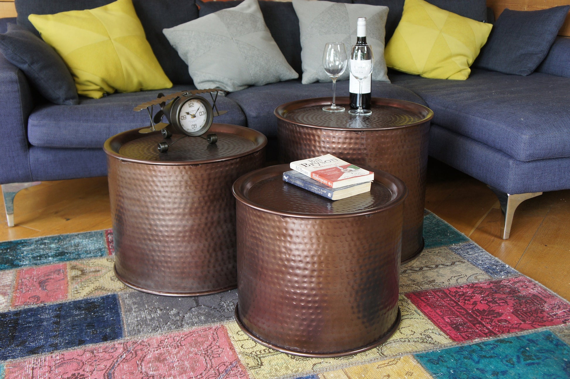 Hammered Iron Drum Nesting tables set 3 Bronze