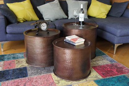 Hammered Iron Drum Nesting tables set 3 Bronze