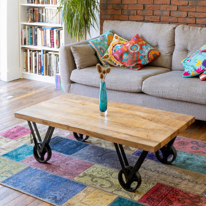 COFFEE TABLE Mango Wood on Iron wheel base