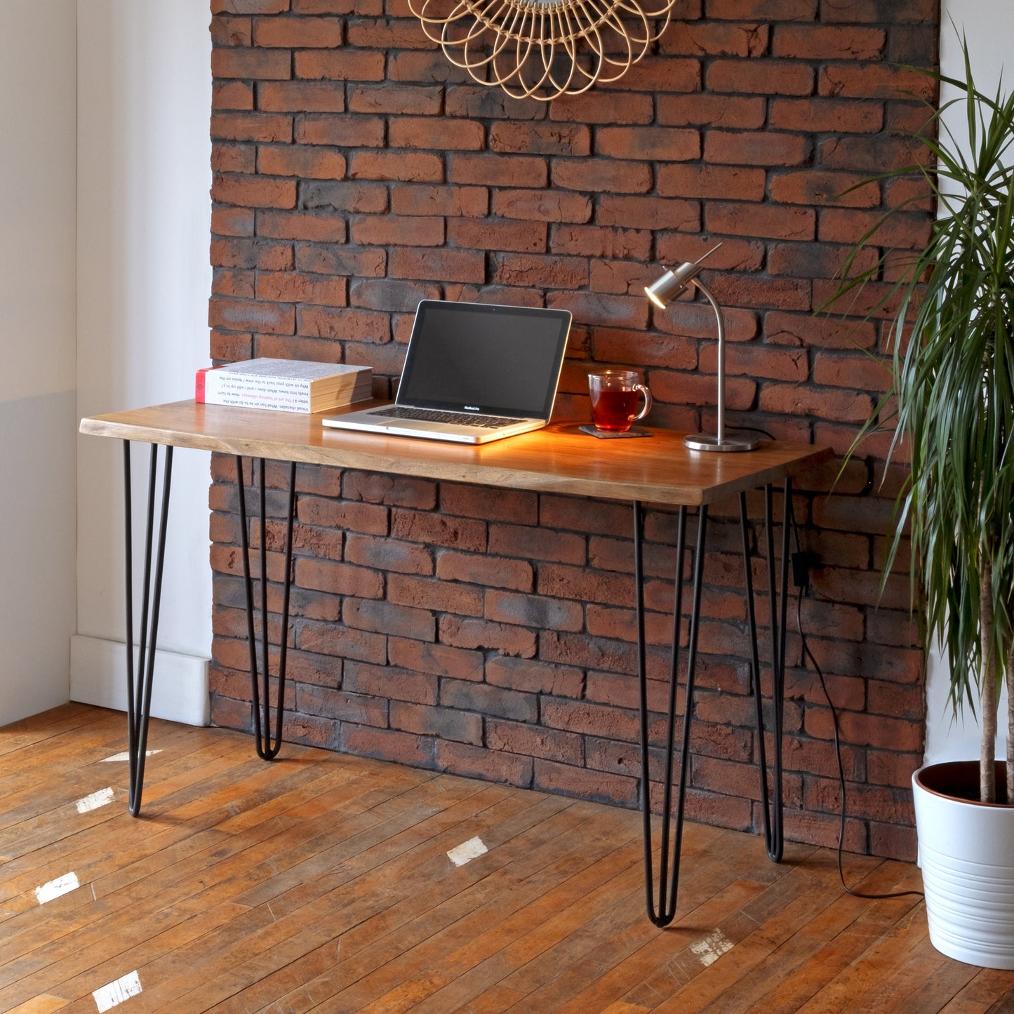 Live Edge Acacia Wood Desk: Black Hairpin Legs, Solid Wood Console