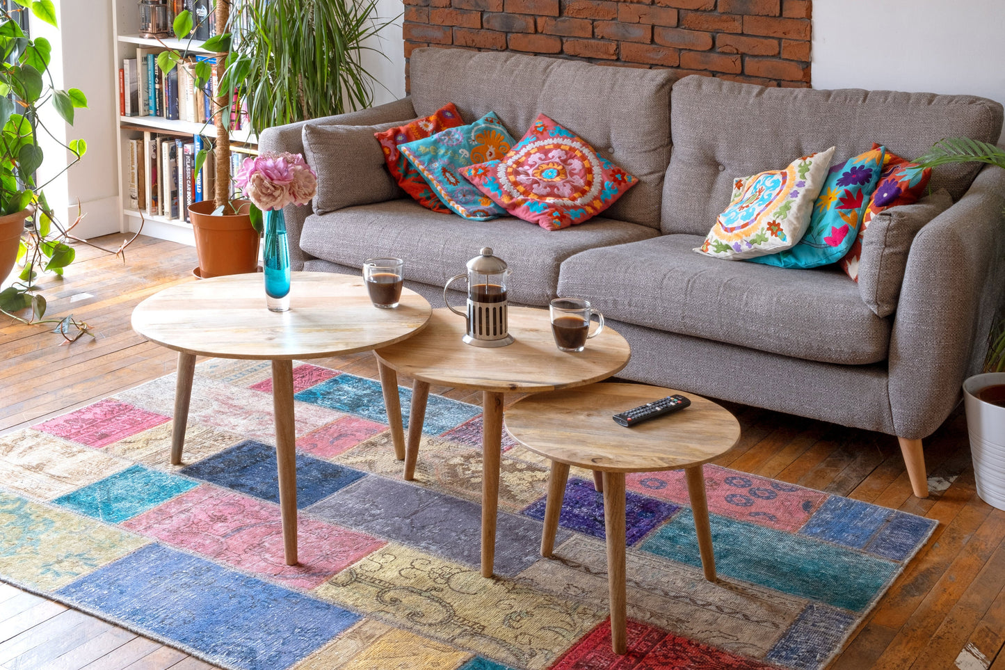 Mango wood set 3 round Side Tables handmade