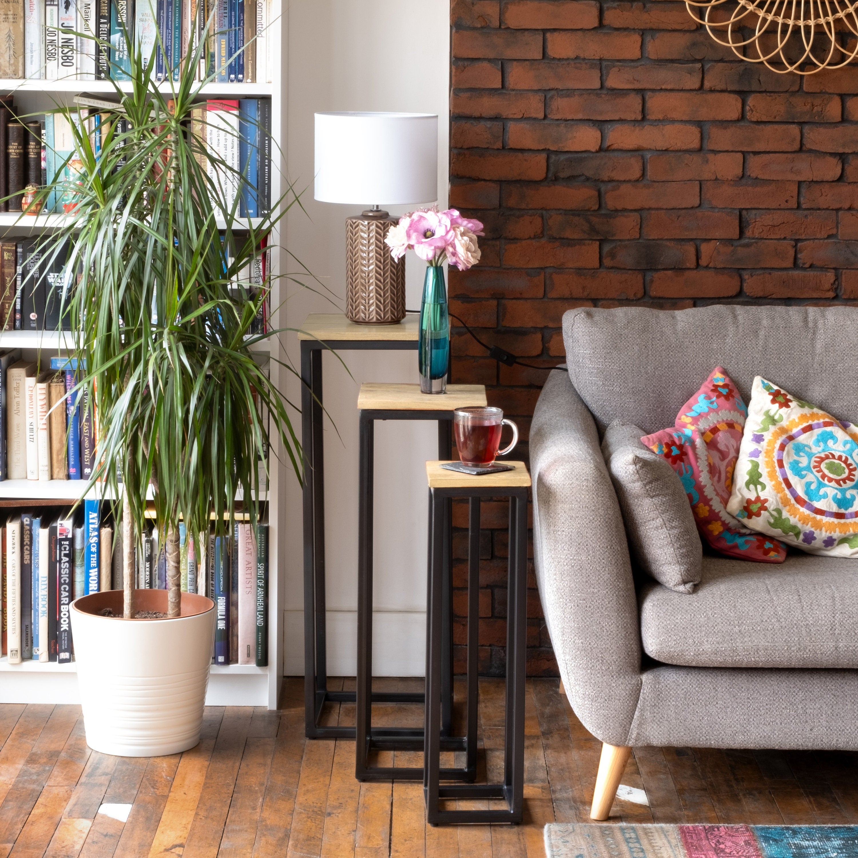 Nest set 3 plant stand mango wood black iron