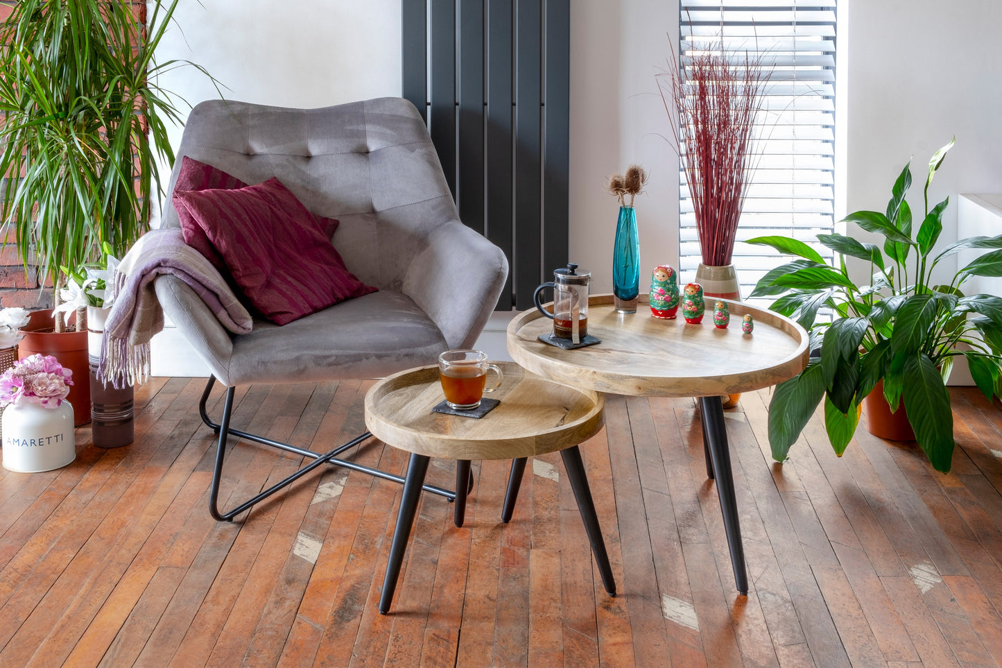 Round side tables, end tables , Mango wood set 2 black iron pin legs