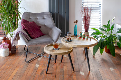 Round side tables, end tables , Mango wood set 2 black iron pin legs