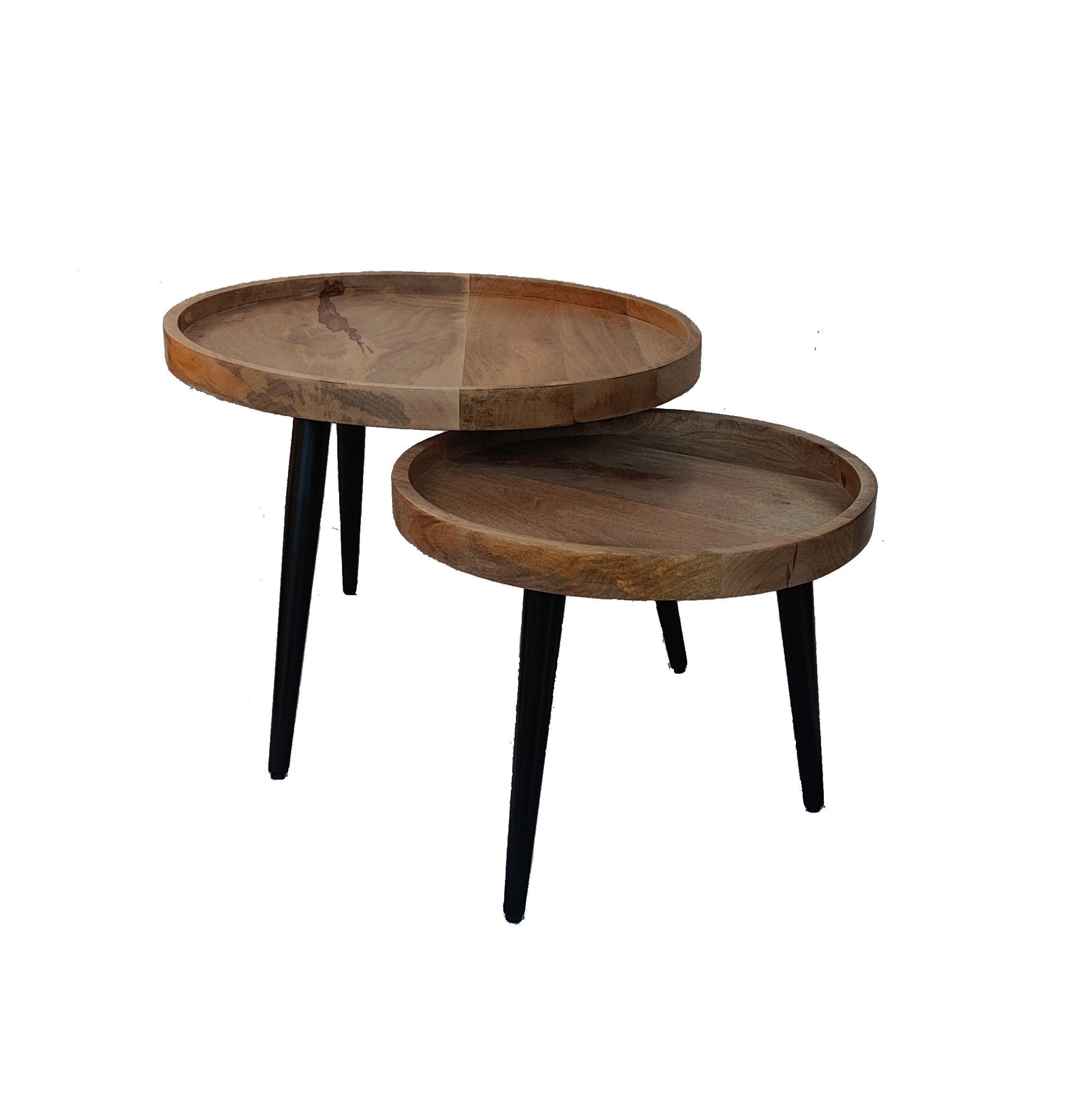 Round side tables, end tables , Mango wood set 2 black iron pin legs