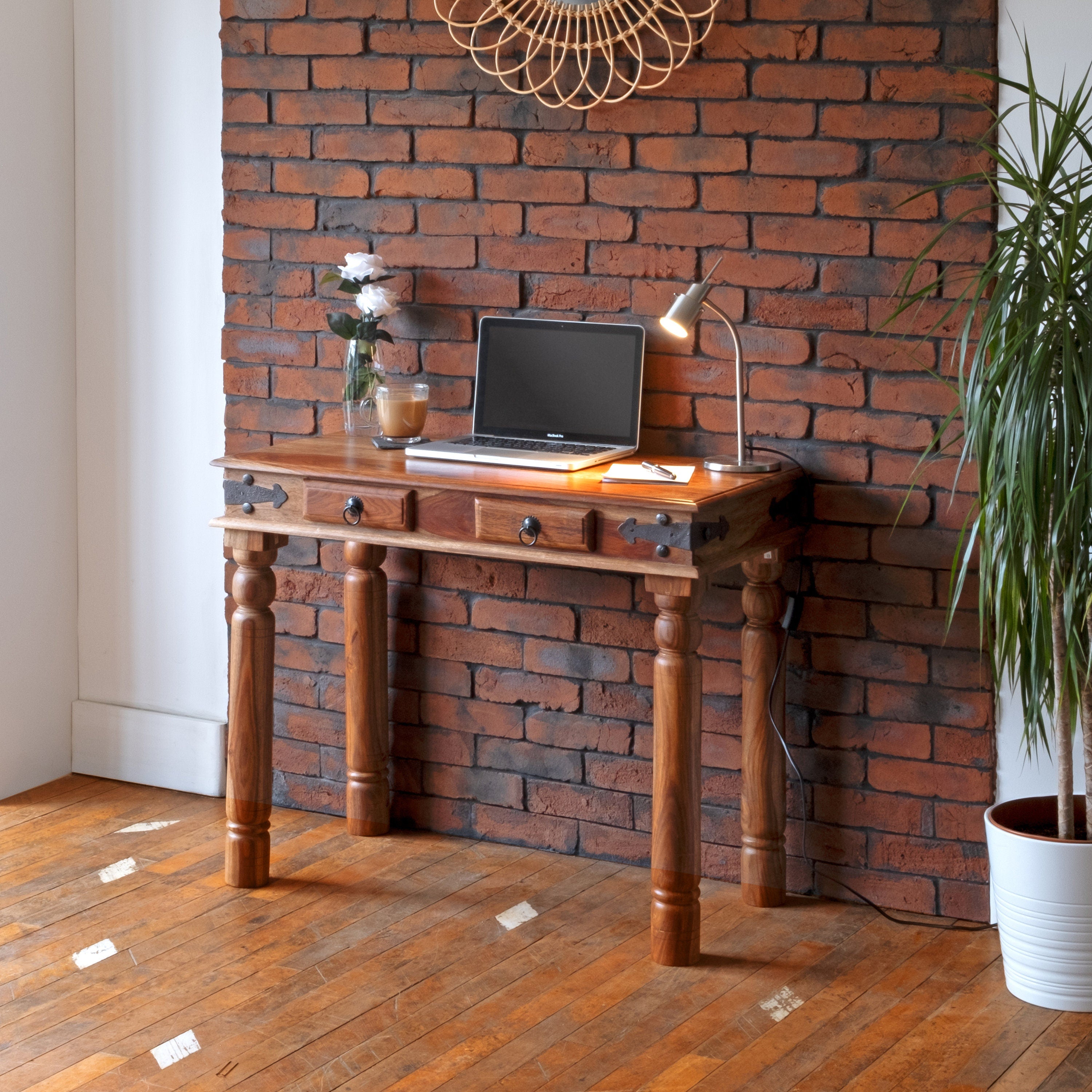 Acacia Wood Computer Desk: Thakat Console Table with Storage