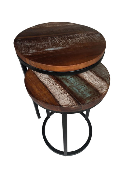 Reclaimed Teak Nesting Tables: Shabby Chic Industrial Set of 2