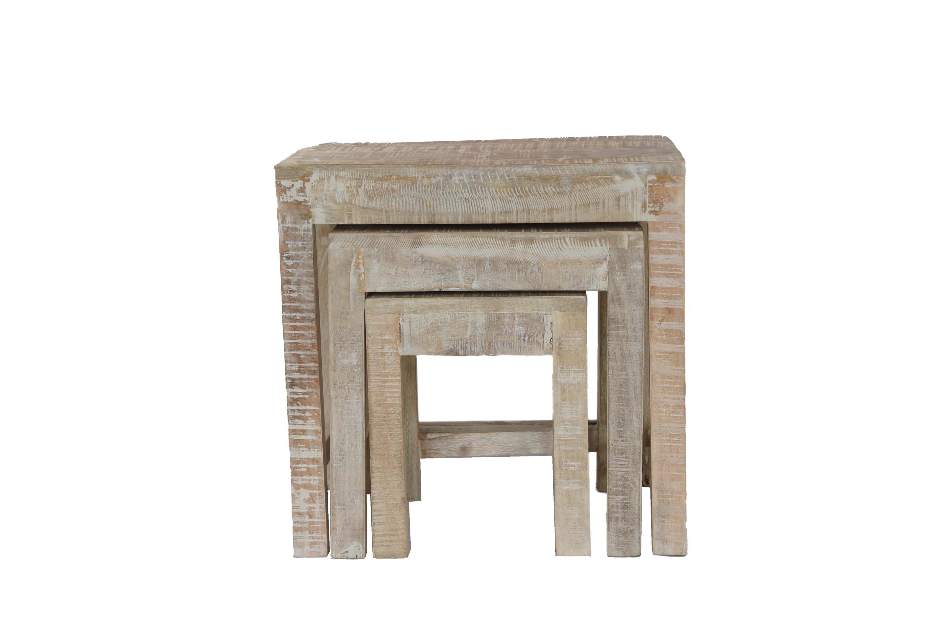 Mango rough sawn distressed white washed nest of tables