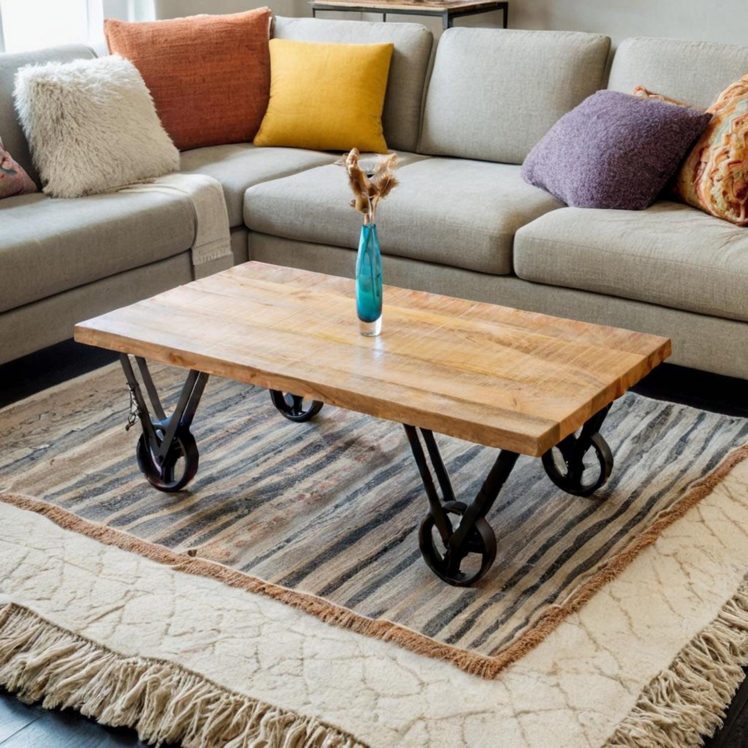 COFFEE TABLE Mango Wood on Iron wheel base