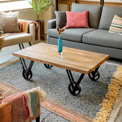 COFFEE TABLE Mango Wood on Iron wheel base