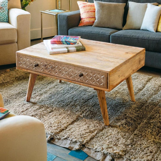 Mango wood Coffee table with hand carved drawer distressed lime washed