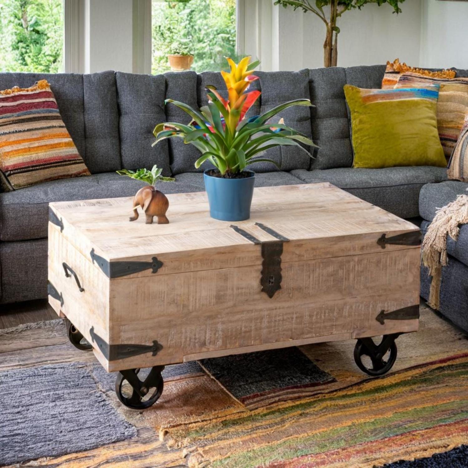 Mango wood Chest Coffee Table on Wheels