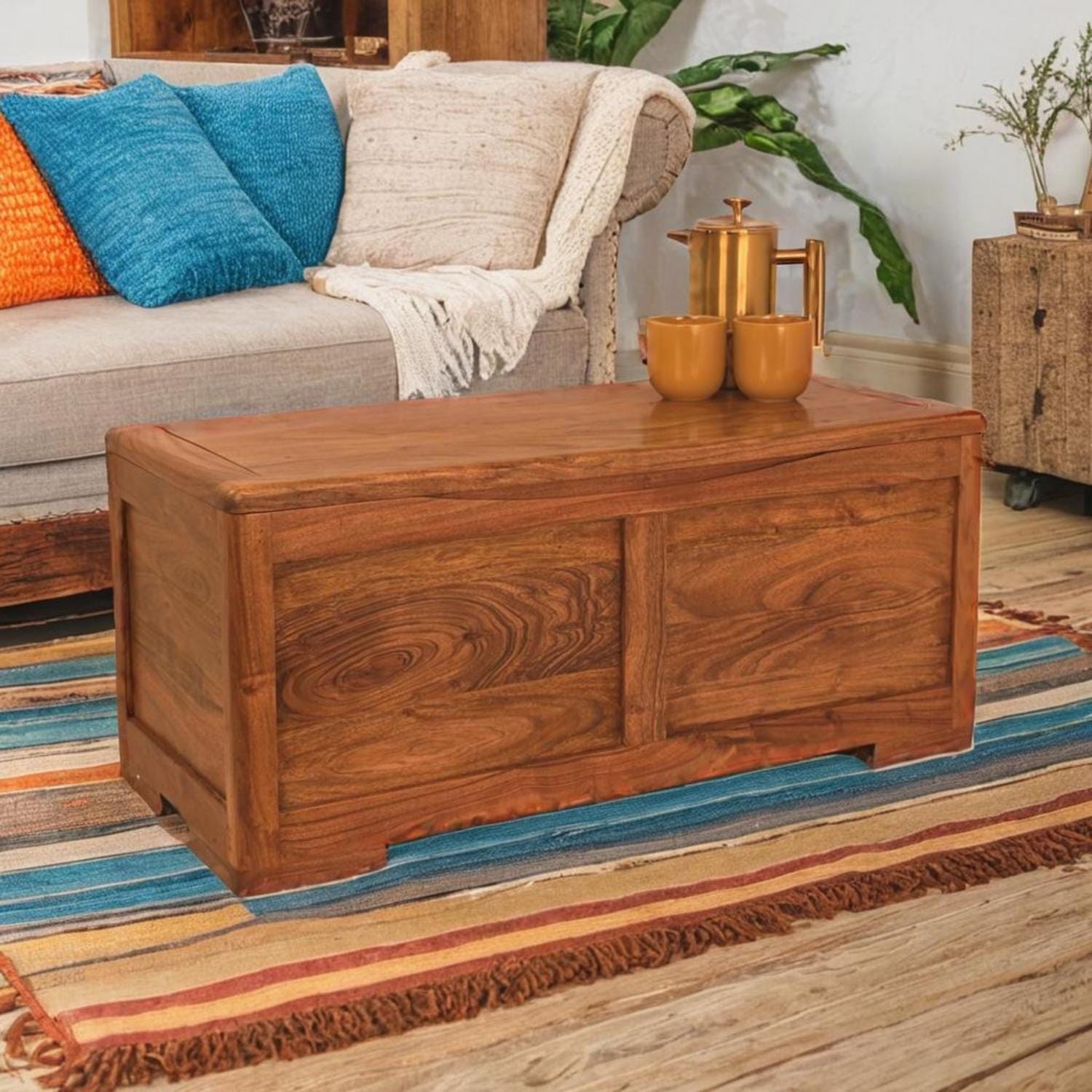 Acacia Wood Storage Chest Coffee Table: Ottoman Blanket Box