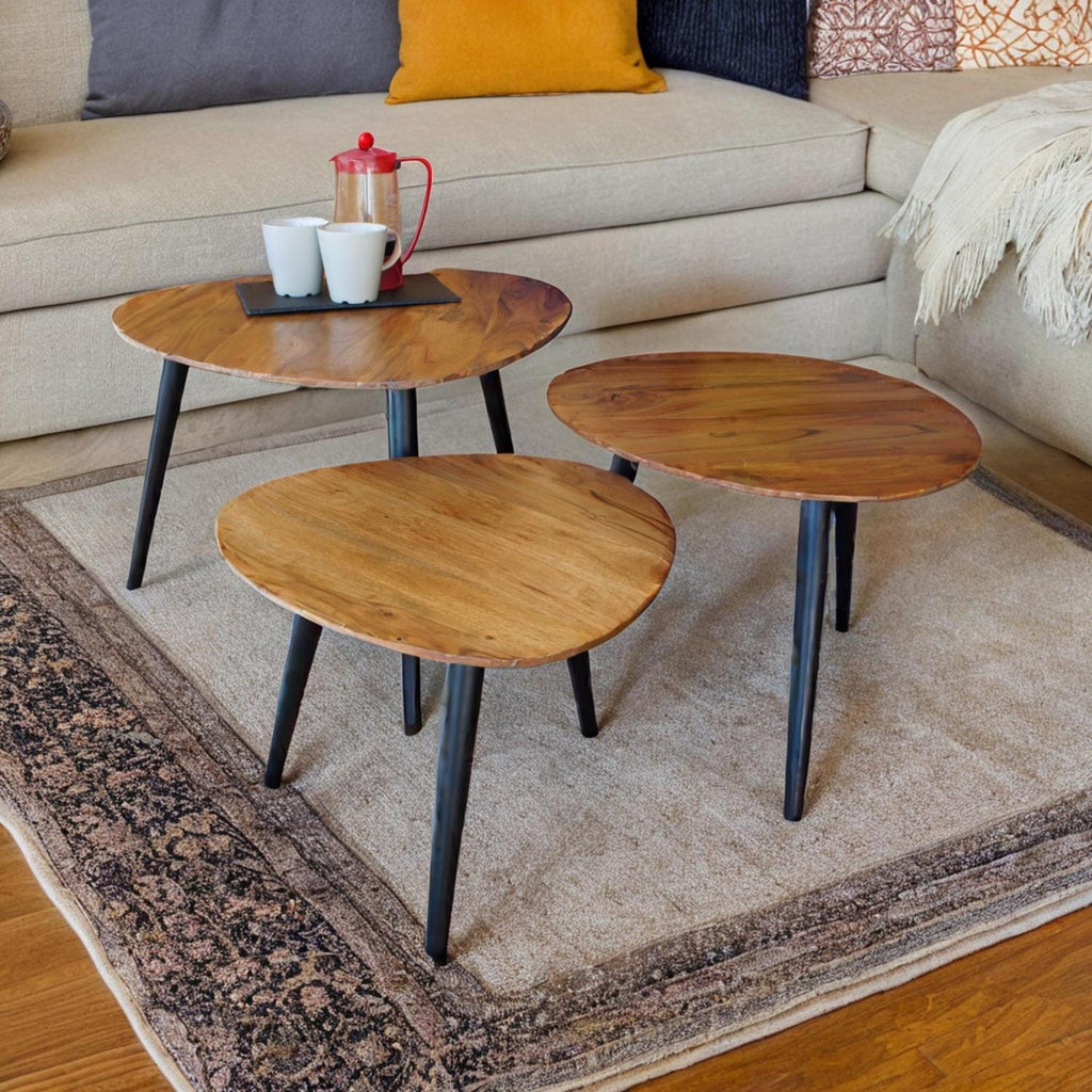 Retro Hardwood Set of 3 Nesting Triangular Tables with Iron Legs