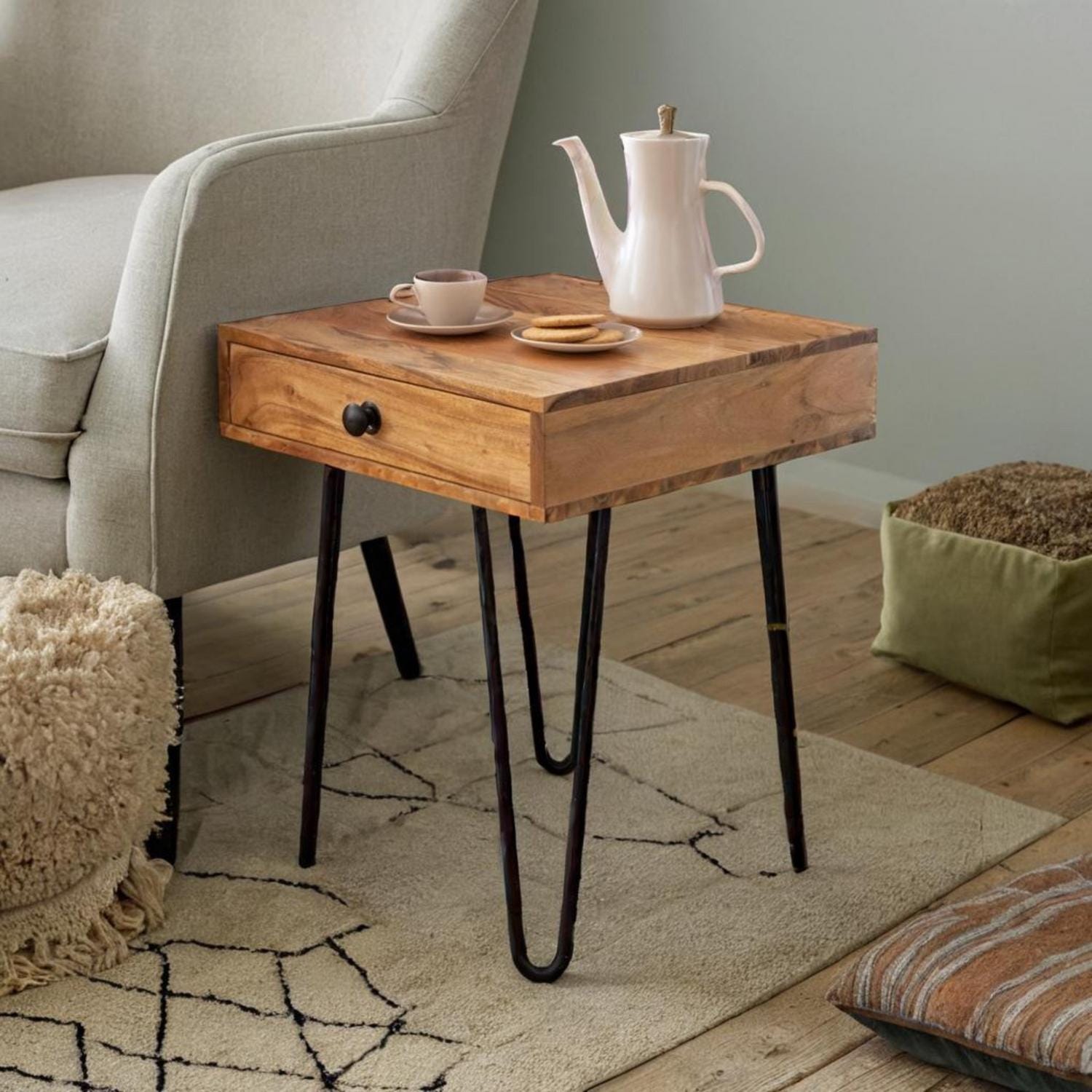 Acacia Wood Hairpin Leg Side Table: Modern End Table with Drawer