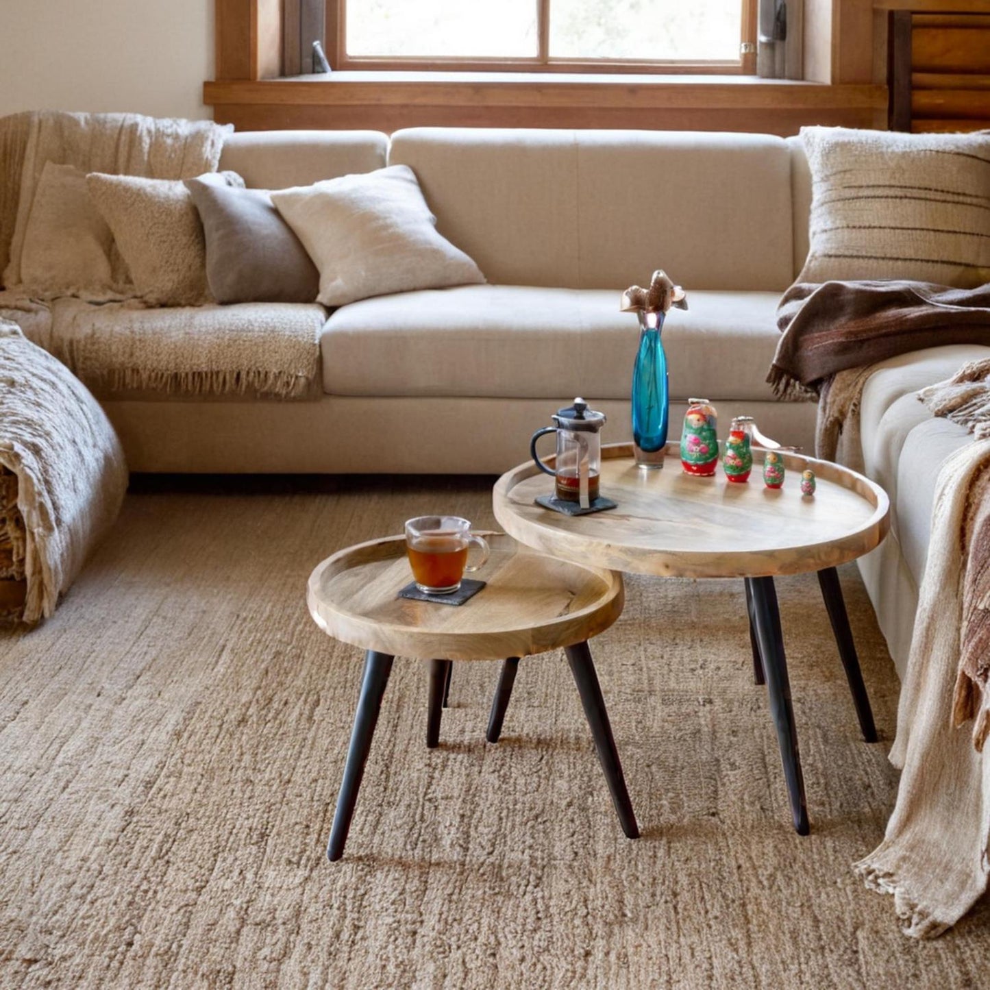 Round side tables, end tables , Mango wood set 2 black iron pin legs