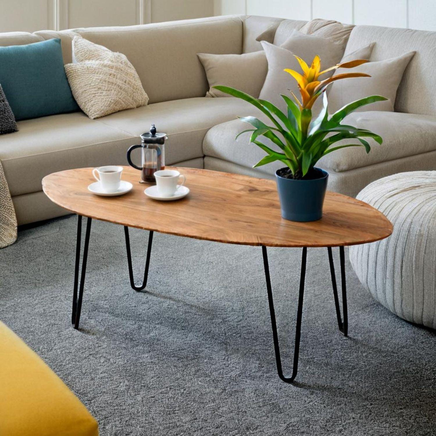 Acacia Wood Hairpin Oval Coffee Table