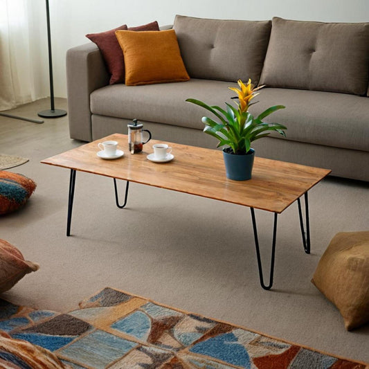 Acacia Wood Coffee Table with Black Iron Hairpin Legs by Naturallivingonline